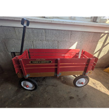 Vintage Radio Flyer Town Country Red Wooden Wagon Removable Sides Metal Wheels