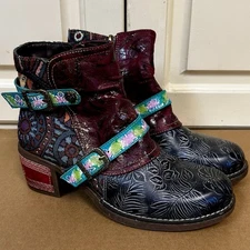 ✨ Socofy Boho Fabric Blue Red Boots Women Size US 8 EU 38 Excellent Condition ✨