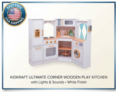 Kids Baby Ultimate Corner Wooden Play Kitchen with Lights & Sounds Toy White