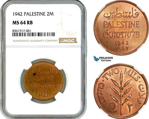 AK648, Palestine, 2 Mils 1942, London Mint, NGC MS64RB