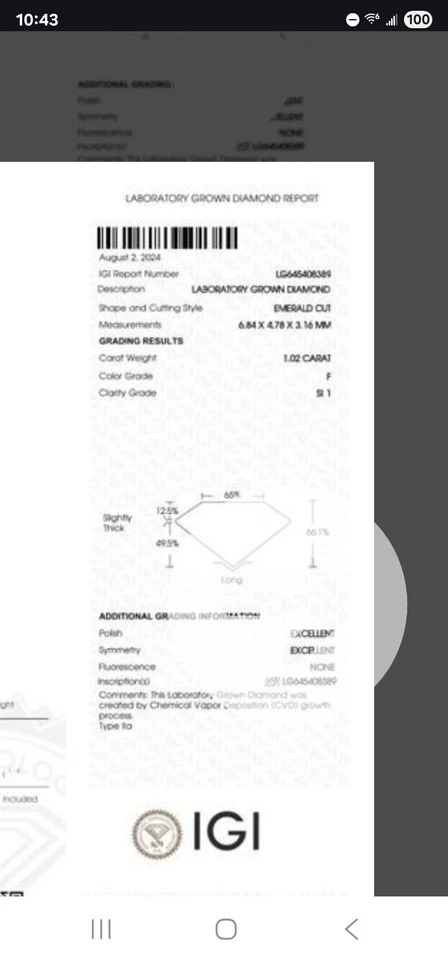 Igi Certified Emerald Cut 1.02ct Si1 Lab Diamond - Image 2 of 3