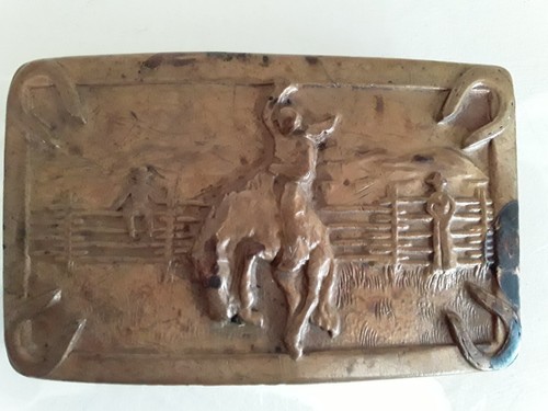 Great Vintage Brass Belt Buckle w Cowboy at Rodeo Horseshoes 2 x 3.25" Mark on s