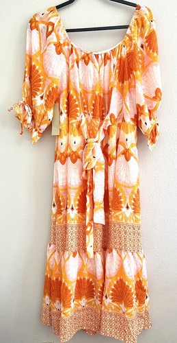 Figueroa & Flower Woven Boho Peasant Maxi Dress Floral Coral Orange L Large NEW - Picture 6 of 6