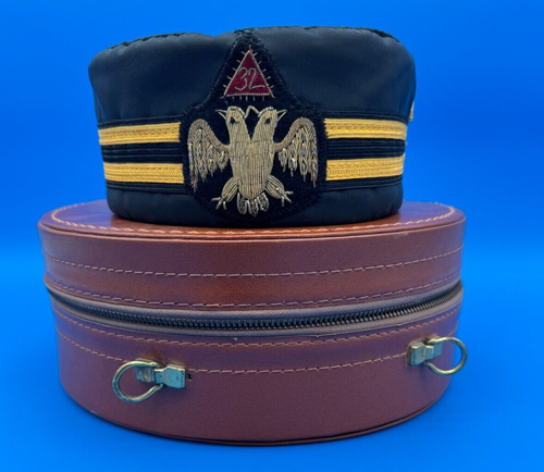 VTG Scottish Rite of Freemasonry 32 degree black Cap hat w/Leather Case Size 7