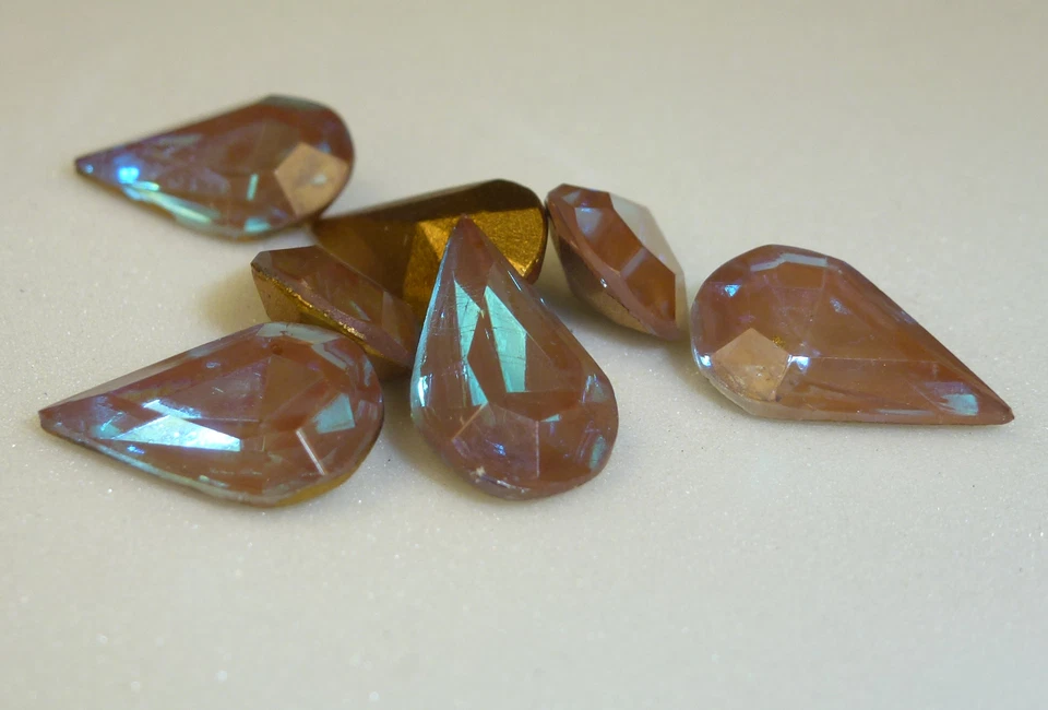 2 Rare Vintage Glass Rhinestones Pear Saphiret Gold TTC Foiled PB 13x8mm F2-1 - Image 2 of 4