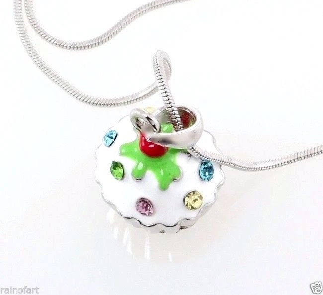 W Collar Colgante Pastel 3D Cristal Swarovski Blanco Cupcake Vainilla Cadena 18"  Foto 3 de 4
