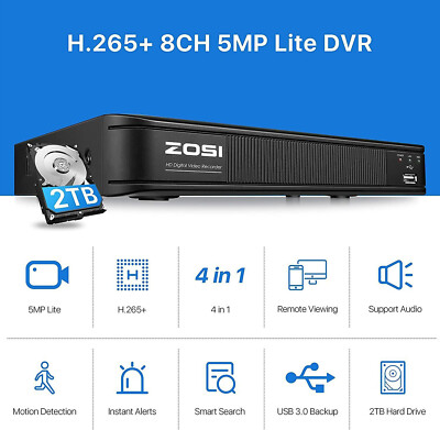 ZOSI H.265 5Mp-Lite HD 8CH DVR System 2TB Hard Drive AI Human Vehicle Detection