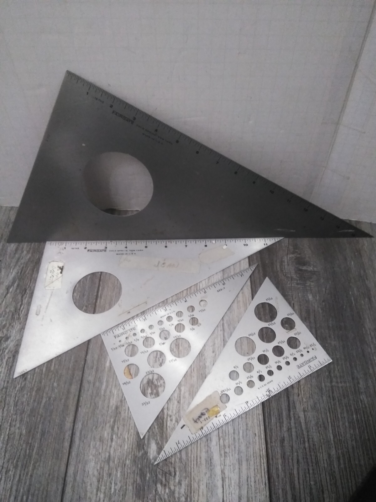 4- Fairgate  Aluminum drafting Triangle Rule W/ Circle  #'S  228-T, 222-T (2)..