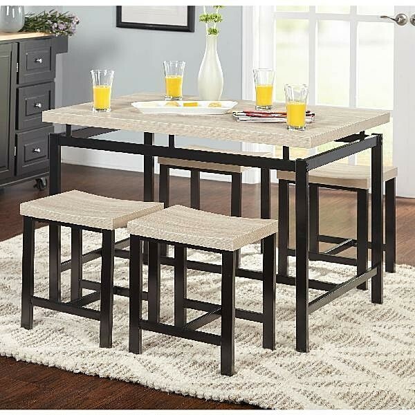 Small Industrial Dining Set Wood Metal Stools Table 5 PC Black