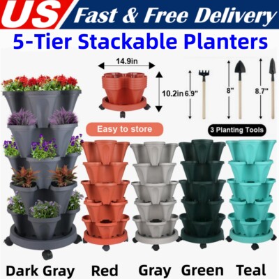 5-Tier Stackable Planters Vertical Planter Garden Flower Pot w/ 4 Wheels &  Tools | eBay