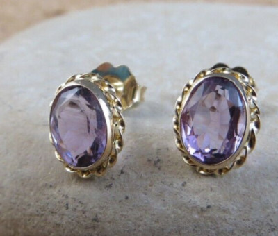 14K Gelbgold runde lila Amethyst Seil Einfassung Ohrstecker #242
