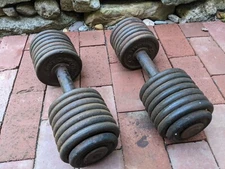Pair Vintage DAN LURIE Dumbbells 45lbs each 32 plates 16" long 5" wide 2.5 1.5 