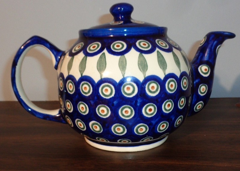 Boleslawiec Polish Pottery Tea Pot w/ Lid Hand Painted "Peacock" NEW Never Used
