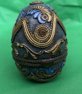 Ornate Blue Gold Egg Jewelry Holder Trinket Pot Resin Easter Decorative Hinged