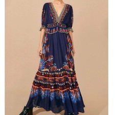 Farm Rio Nature Beauty Blue Short Sleeve Maxi Dress Fall Leaves Print S