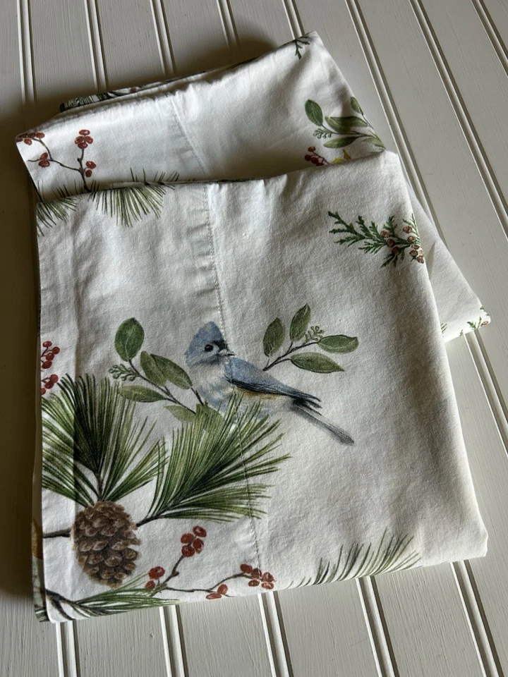 Pottery Barn Winter Pine with Birds Organic Cotton Set Of Pillowcases Standard - Image 2 of 4