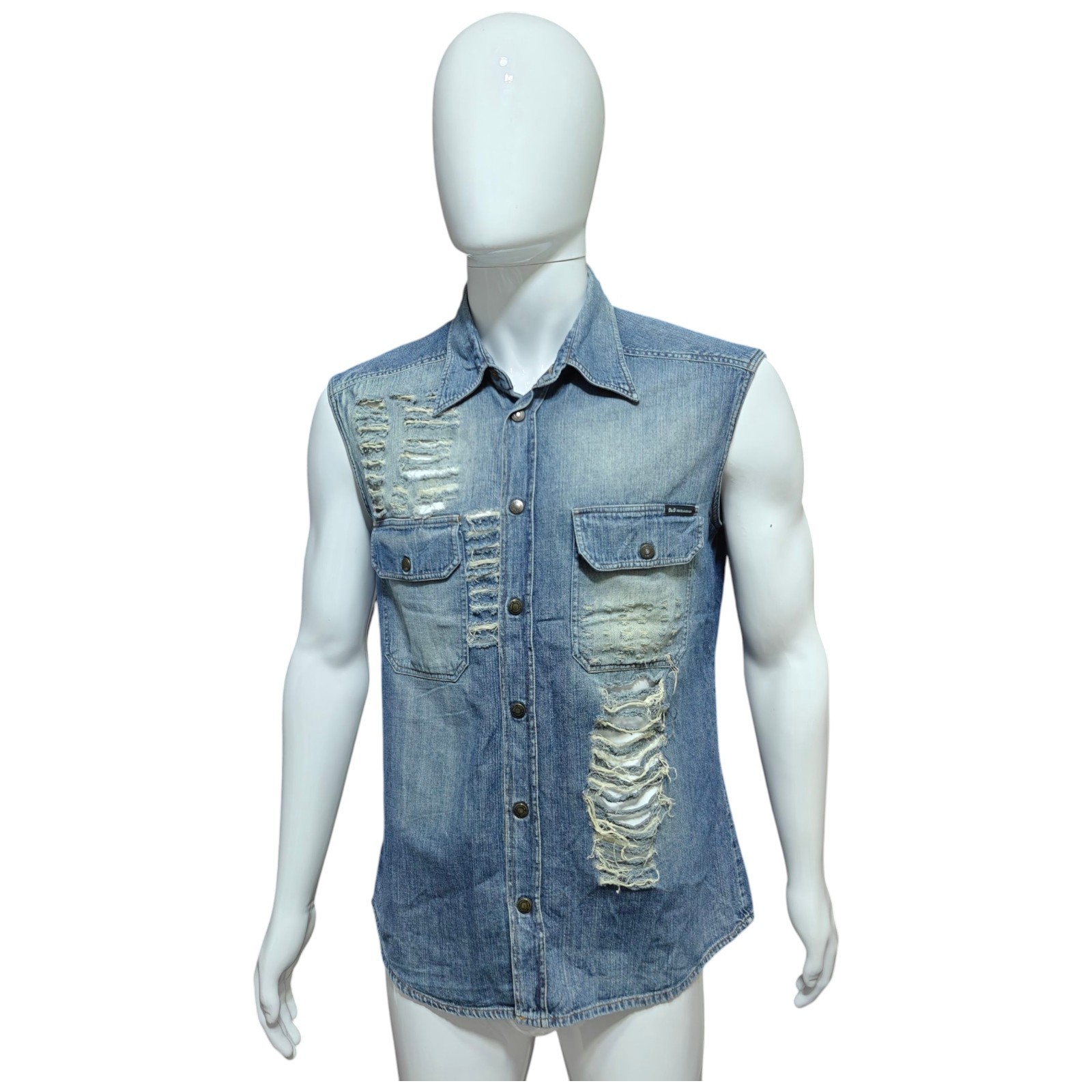 Vintage D&G Dolce & Gabbana Destroyed Blue Denim Sleeveless Shirt Vest Men L Y2K image 3