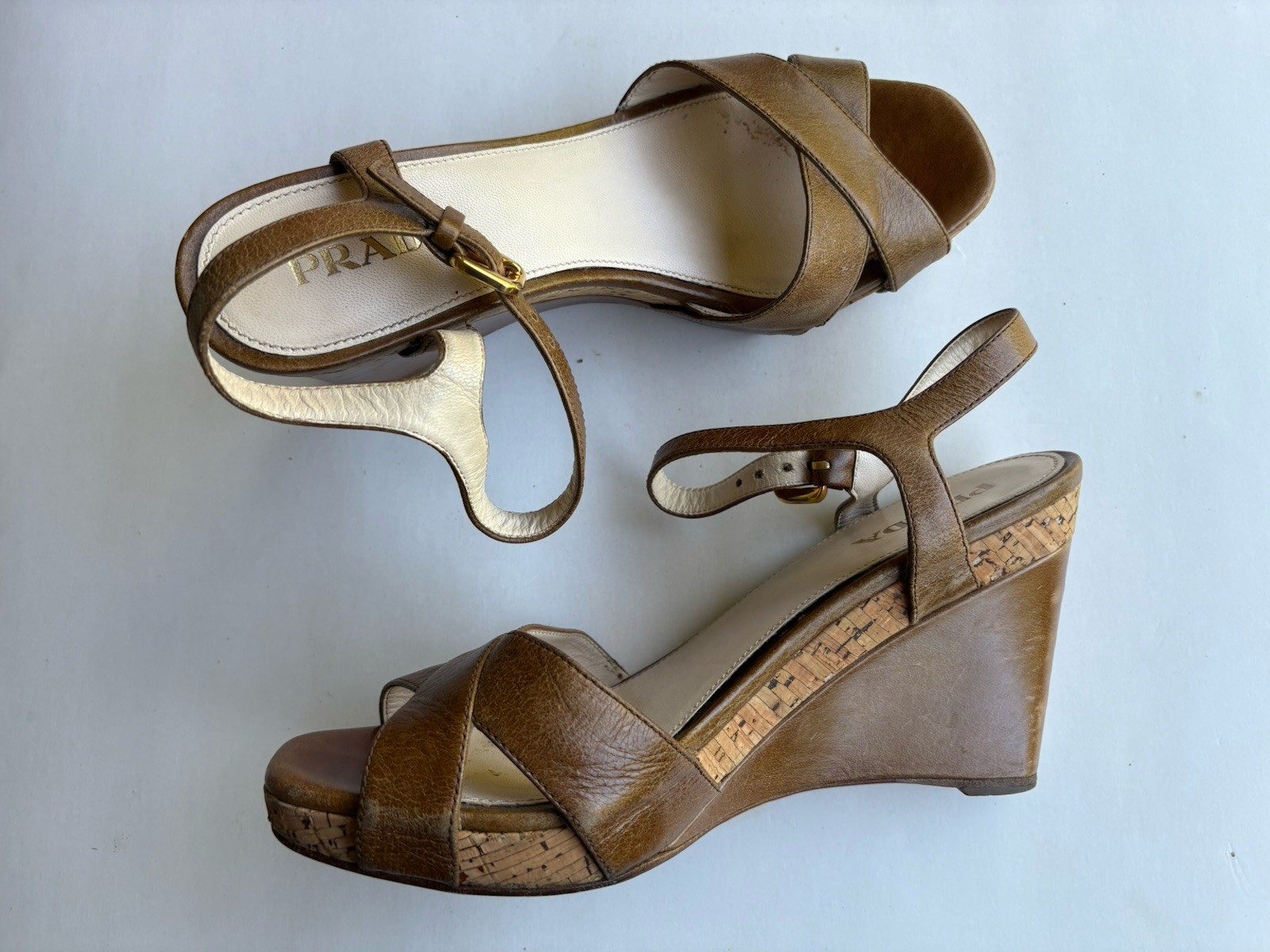 Prada Wedge Sandals Open Toe Ankle Strap Brown Leather Sz EUR 38 thumbnail 8