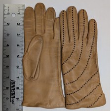 Vtg Tan Camel Leather Driving Gloves Women's Stitch Detail Lined Fit Like Med/8