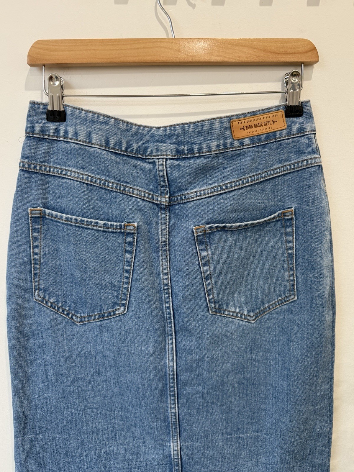 ZARA Blue Denim Button Front Pockets Solid Pencil Knee Skirt Womens Size M 5