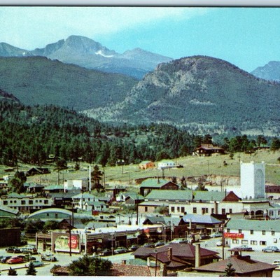1955 Estes Park, CO Downtown Main St Birds Eye Coca Cola Store Signs Cars EA264