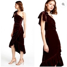 Ulla Johnson 2 Elisa Velvet Bow Ruffle Midi Dress $600 Cocktail Party Brown