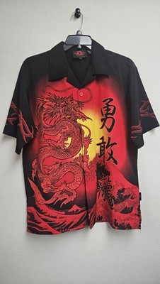 D Clothing Dragon Shirt Mens Large VTG Y2K Red Black Camp Hawaiian Button Front