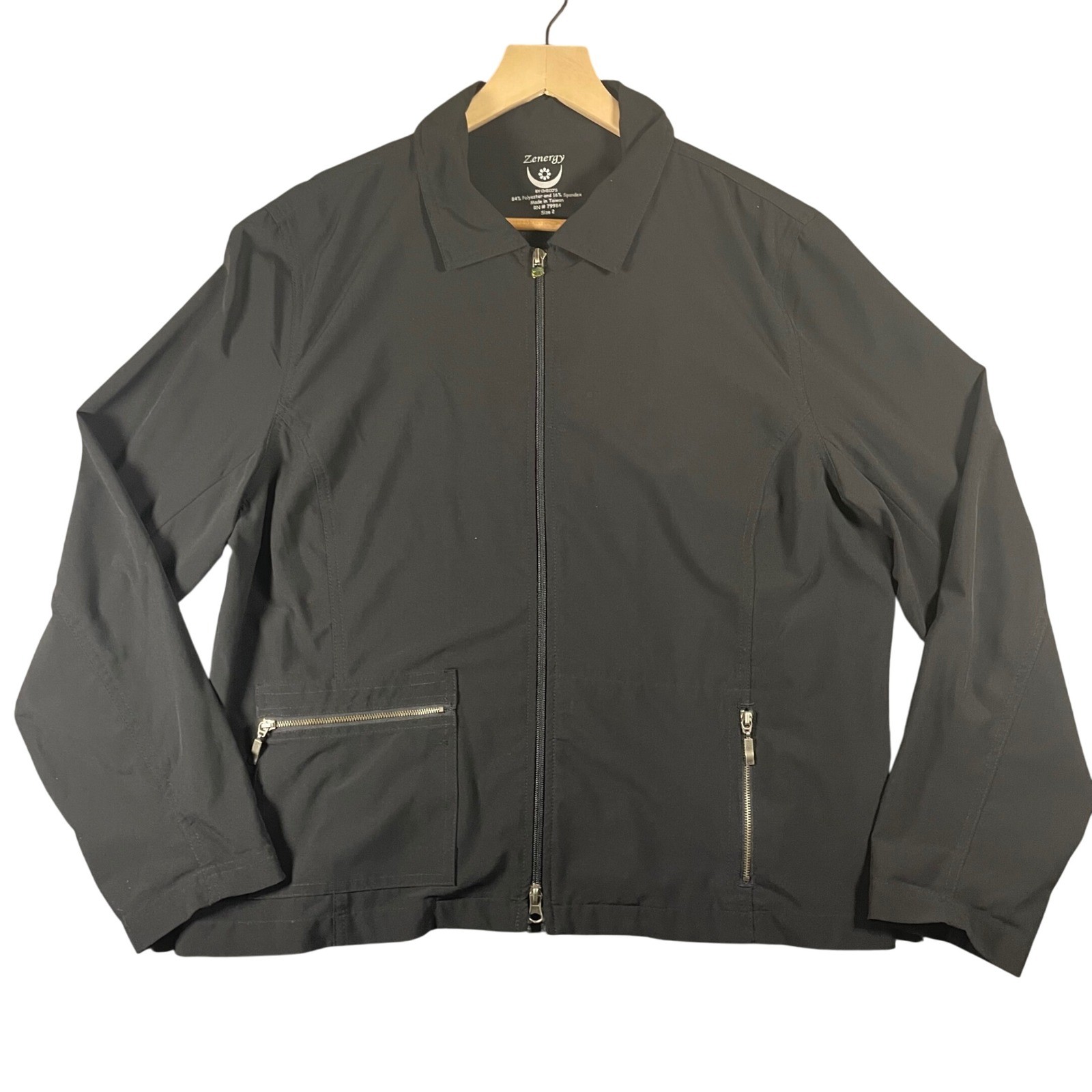 Zenergy by Chico's Lightweight Jacket Womens Size 2 (12) Black Full Zip Pockets