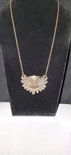 Vintage Bronze Stylized Nocturnal Owl Face Large Eyes Bird Feathers Necklace