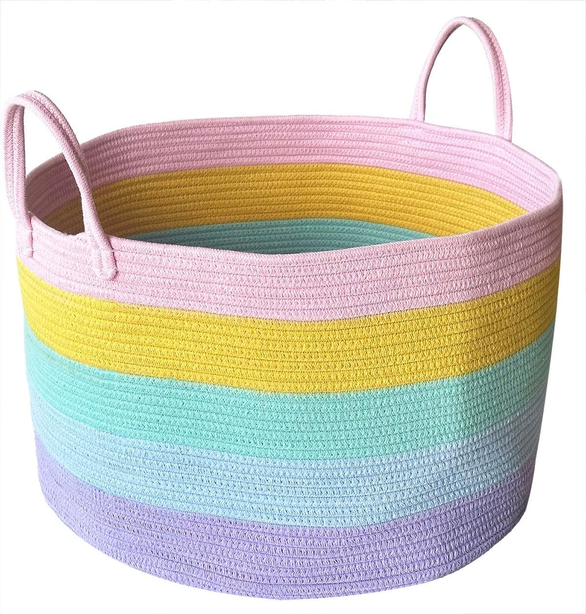 Woven Toy Storage Basket, Extra Large Rainbow Rope Dirty Clothes Laundry Blanke