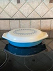 Vtg Pyrex Blue Snowflake 1 Qt Divided Casserole Serving Dish 963-2