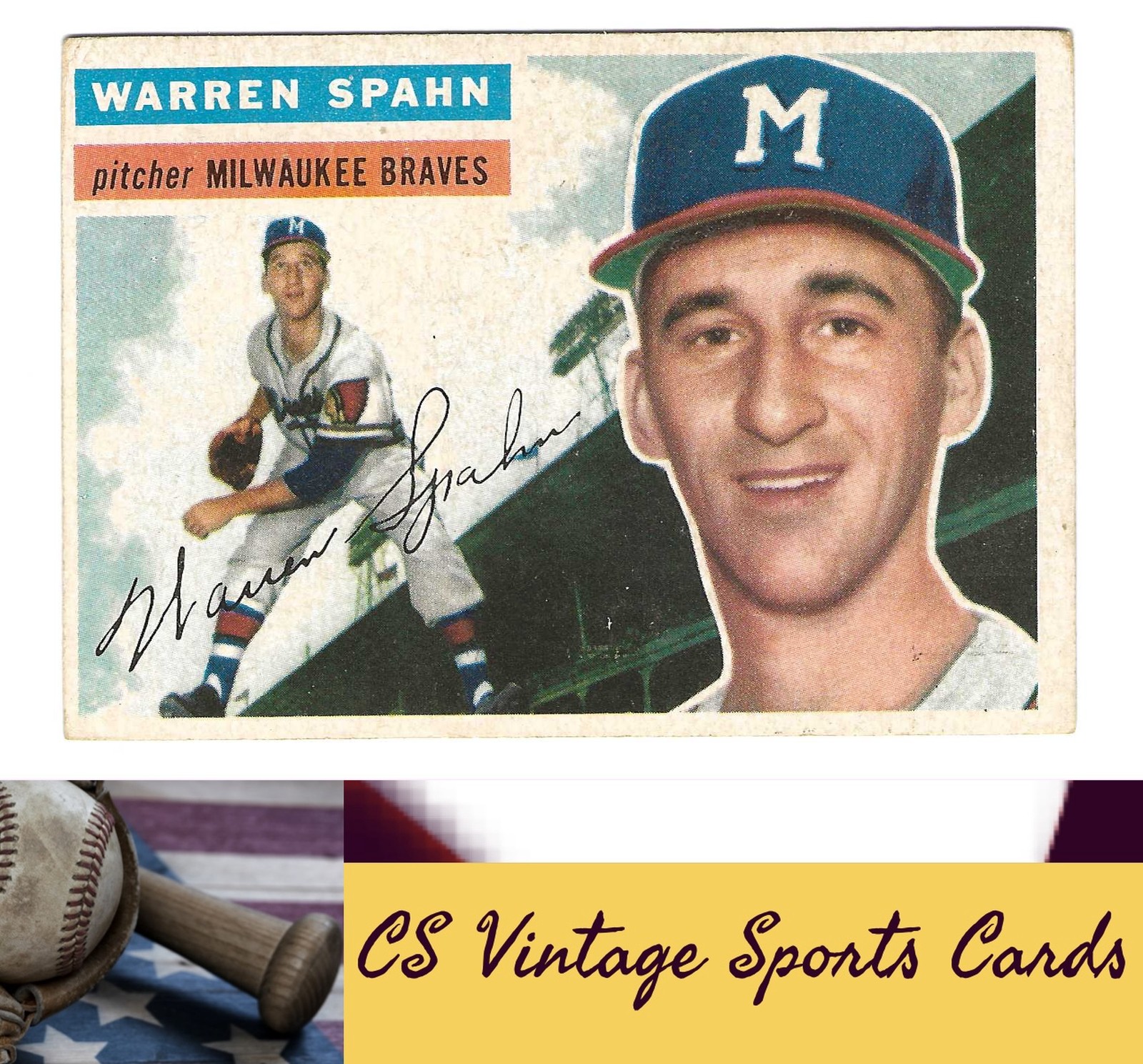 1956 Topps #10a Warren Spahn White Back (PAPER LOSS BACK)