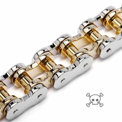 Silver Gold Tone 18mm Stainless Steel Motorcycle Bike Chain Link 9 in Bracelet - Picture 2 of 7