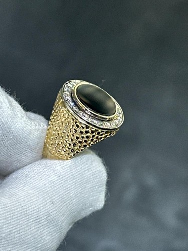 14k Yellow Gold Diamonds & Black Onyx Signet Halo Design Band Ring Size 7.75 - Picture 5 of 24