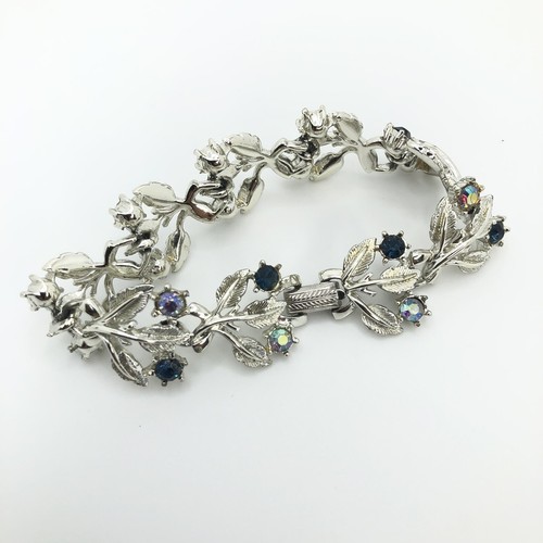 Braccialetto firmato Coro Maglie Foglie AB Strass Blu Tono Argento 7,25" Firmato - Foto 5 di 8