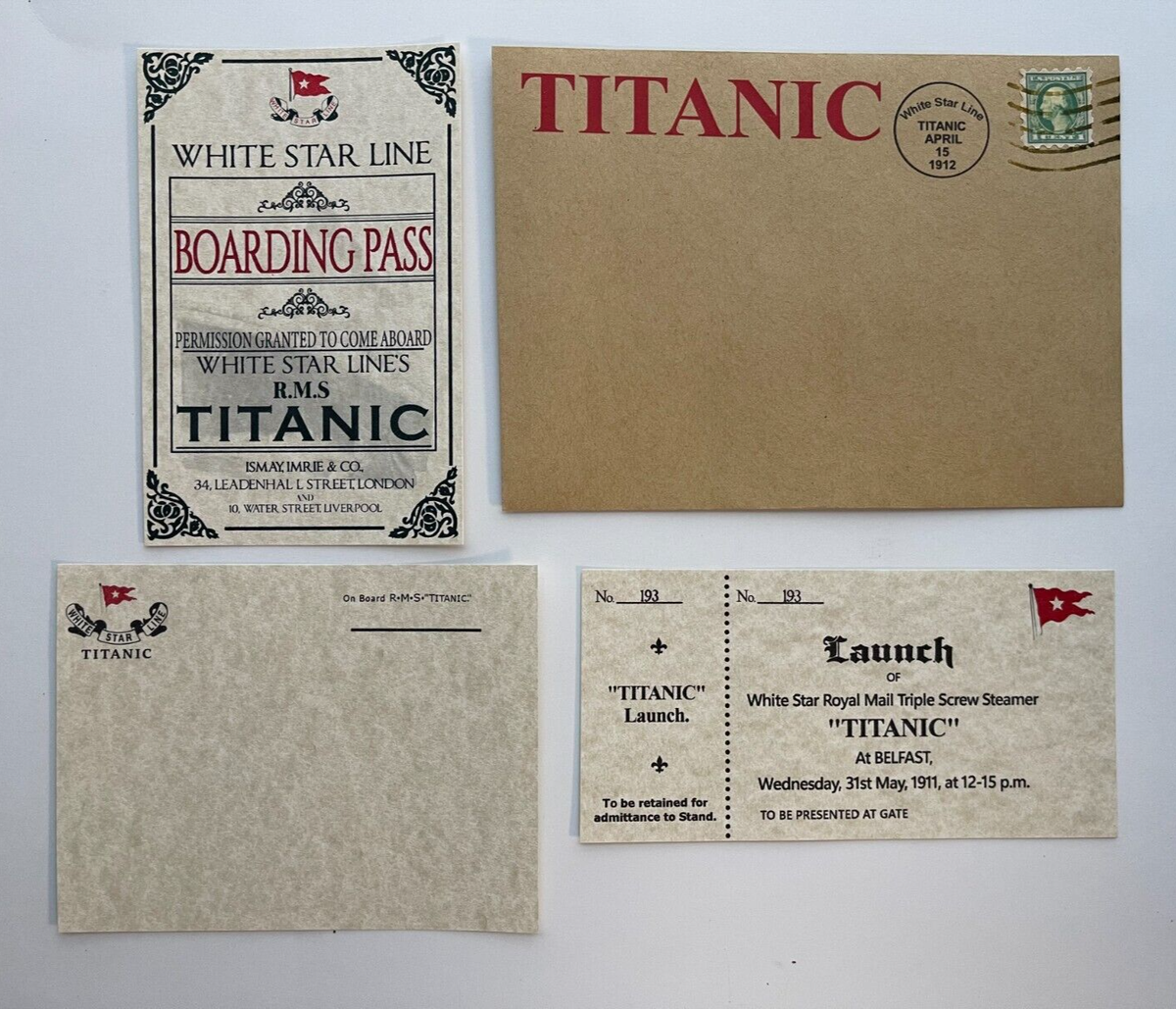 Titanic Boarding Pass, Titanic Launch Ticket, Titanic Postcard