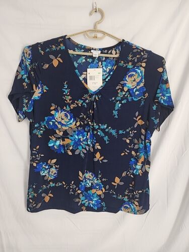 Jaclyn Smith Top 3X Black Floral V-Neck Slinky Stretch Short Sleeve Blouse NEW - Picture 2 of 10