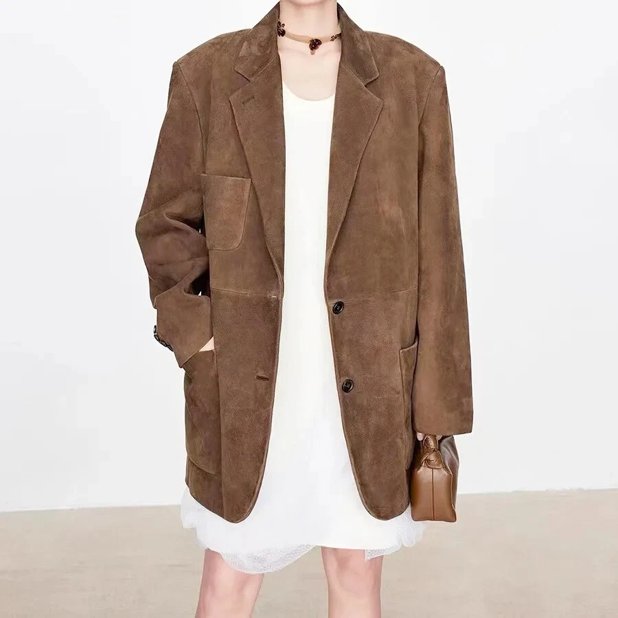Suede Leather Coat Long Brown Women Western Vintage Jacket Size Button Style XL - Image 2 of 4