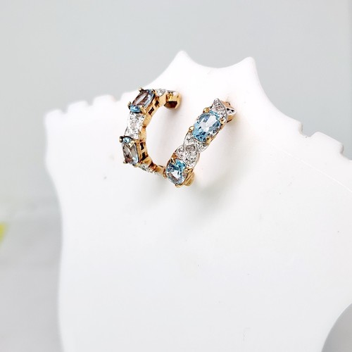 Yellow Gold Vermeil On 925 Sterling Silver Blue Topaz Diamond Chip Hoop Earrings - Picture 4 of 6