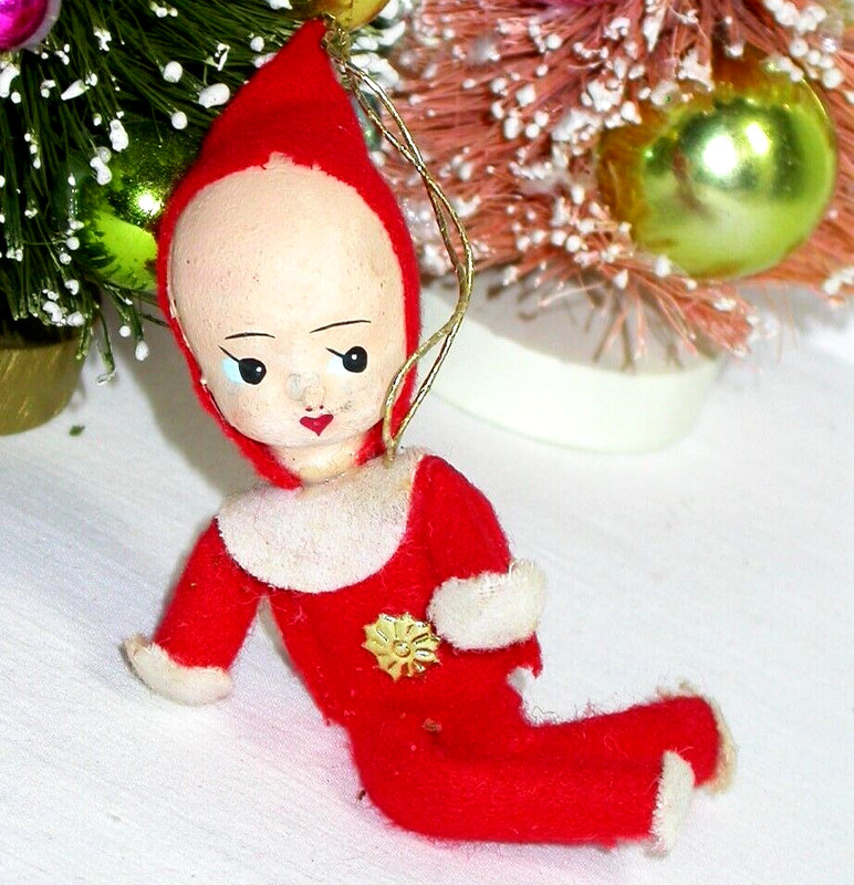 Vintage Christmas Pixie Elf Shelf Sitter Ornament Composite Face MCM Japan Red