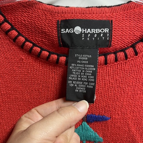 Vintage Sag Harbor Womens Sweater Petite Small Red Lighthouse Ramie Nautical - Picture 6 of 8