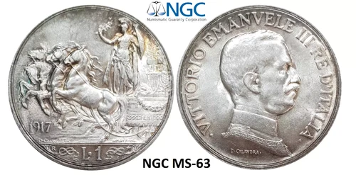 NGC Italy 1917 MS 63 1 Lira Silver Coin Quadriga Lire Rare Type