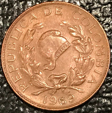 AU 1969 COLOMBIA ONE CENTAVO COIN-DIE CRACKS ON REVERSE THROUGH LEAVES- JUL645