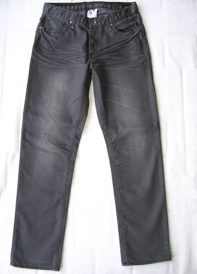 Jean Guess Brit Rocker Niños Talla 16 o 31 x 30 Delgado Recto Gris Oscuro Negro Brillo Foto 3 de 4