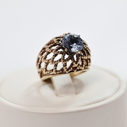 Vintage Blue Gemstone 10K Yellow Gold Woven Rope Domed Basket Ring - US Size 5.5 - Picture 4 of 23