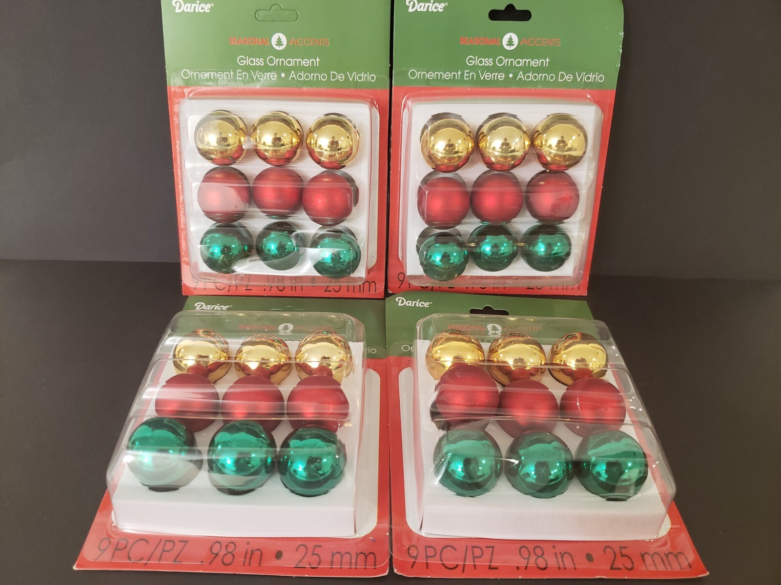 Glass Ornament Seasonal Accents Darice Red Green Gold 9PC .98in 25mm (4 Pack)