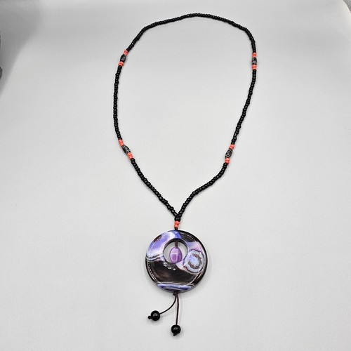 Purple Banded Agate Pendant Necklace Large Spinner Stone Black Red Beaded - Picture 5 of 10