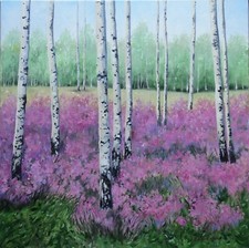 Olio su tela Fatto a mano ORIGINALE UNICO PAESAGGIO Natura Betulle Idea Regalo