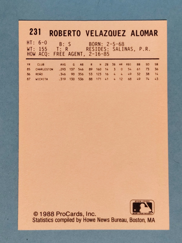 1988 ProCards RC Roberto Alomar Las Vegas Stars #231 ⚾ - Picture 2 of 2