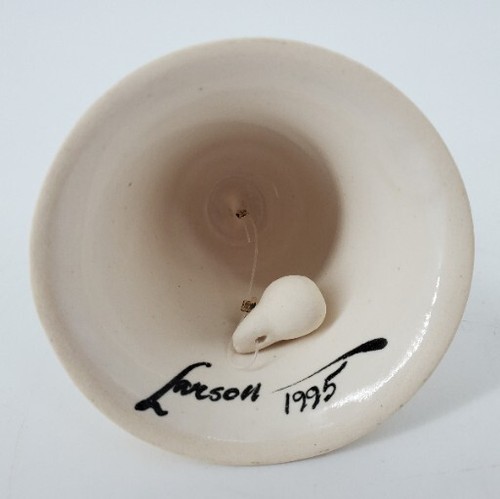 Julie and Tyrone Larson Pottery Bell Ornament White Gold Stripes Signed 1995 - Picture 2 of 3